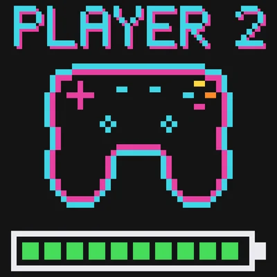 Czarna koszulka, pixel-art kontroler do gier, hasło Player 2
